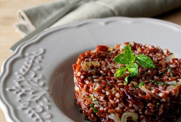 Insalata di riso rosso selvaggio con zenzero candito, mirtilli disidratati e cipolla grigliata