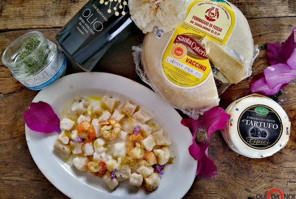 Gnocchi di formaggio alla crema di tartufo e gamberi